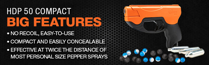 HDP 50 Compact Big Features. No Recoil, easy-to-use. Compact and easily concealable. Effective at twice the distance of most personal size pepper sprays